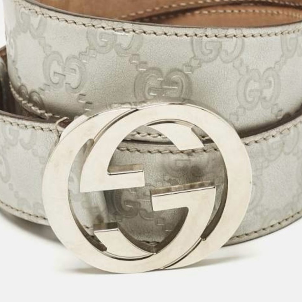 Gucci Silver Guccissima Leather Interlocking G Buckle Belt 95 CM